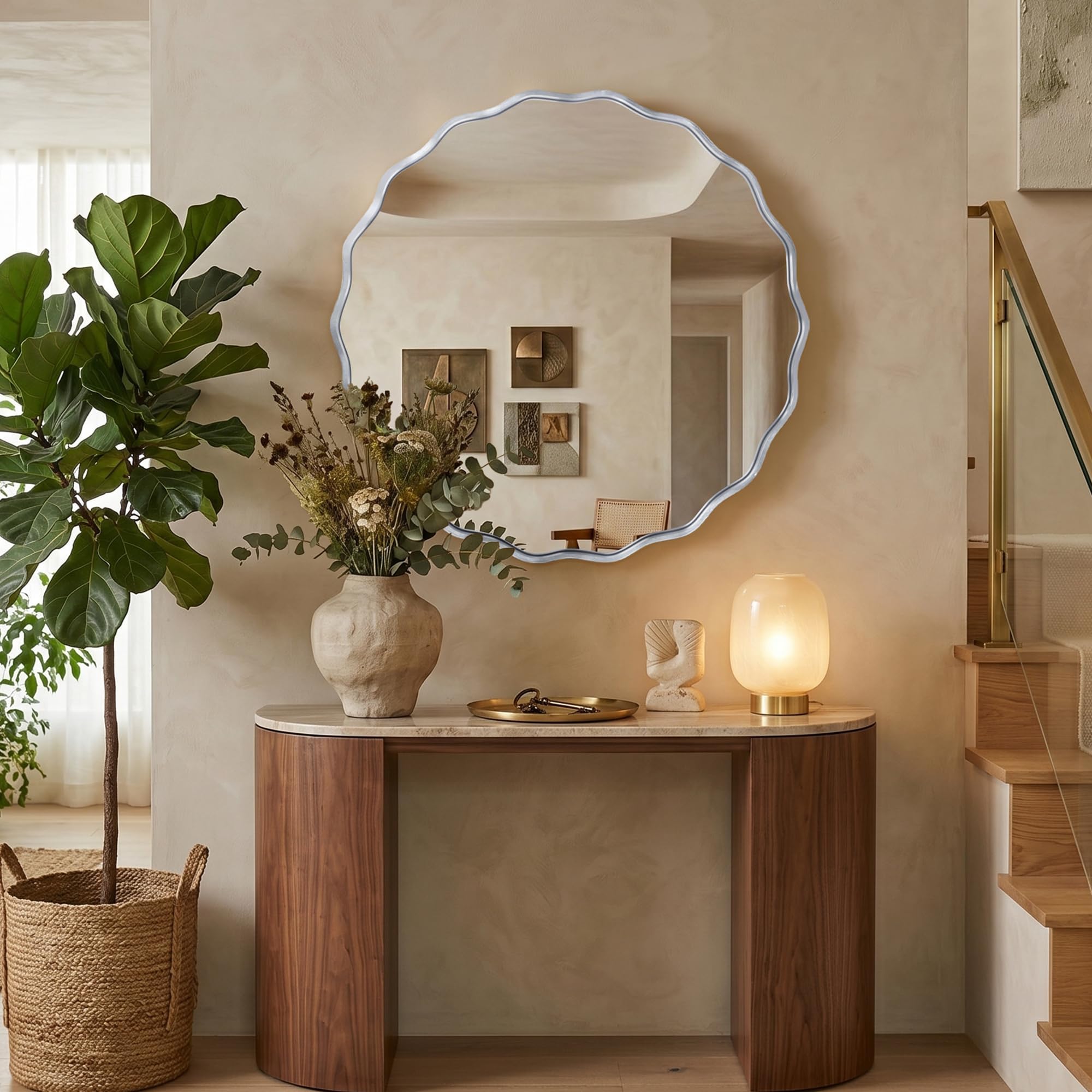 Fahomiss Wavy Runder Wandspiegel mit gebürstetem Aluminiumrahmen & gehärtetem Sicherheitsglas für Badezimmer, Flur & Wohnzimmer 4