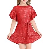 Batermoon Girls' Sequin Dress Crew Neck Bat Sleeve Ruffle Party Wedding Flower Dress with Belt for 5-14 Years