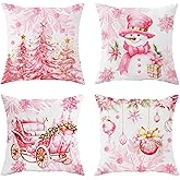 SEGXCFL Christmas Pillow Covers 18x18 Set of 4,Cute Snowman Throw Pillow Covers Velvet Pink,Christmas Decor for Home Couch Cushion Sofa Living Room