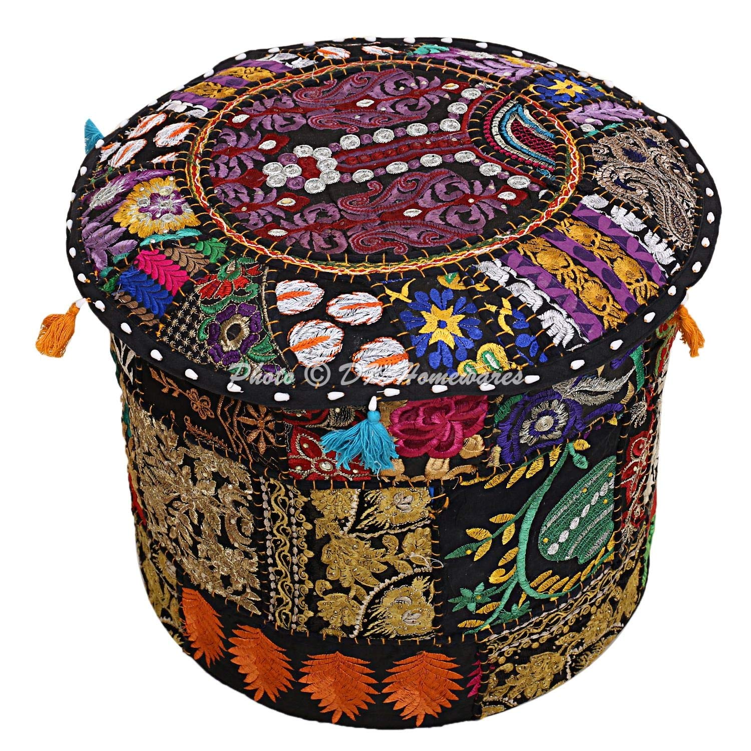 DK Homewares Indian Ethnic Black Footstool Pouffes Cover Hassock Embroidered Home Decoration Quilted Colourful Seat Floral Desginer Ottoman Footstools Cover (16X16X13 Inches / 40 Cm)