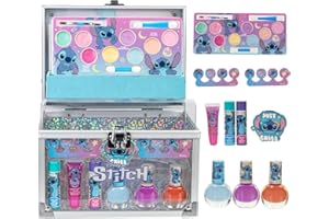 Disney Stitch Train Case Cosmetic Makeup Set Includes Lip Gloss, Eye Shimmers, Brushes, Nail Polishes, Accessories & More! Fo