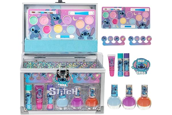 Disney Stitch Train Case Cosmetic Makeup Set Includes Lip Gloss, Eye Shimmers, Brushes, Nail Polishes, Accessories & More! Fo