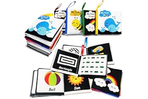 AMINFUN Soft Cloth Baby Book Toy,Black White Fabric Baby Learning Book(Pack of 4),Touch and Feel Crinkle Sound,Early Educational Toy,Gift for Babies Infants Toddlers