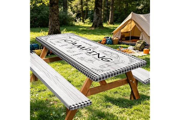 Caknowow Picnic Table Cover Fitted with Bench Covers Camping Tablecloth Waterproof Picnic Table Covers with Elastic Reusable
