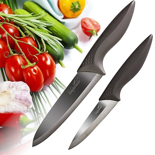Ceramic Knife Gift Set, 2pc + Sheaths - Chef And Paring Knives With Black Mirror Finish Blades