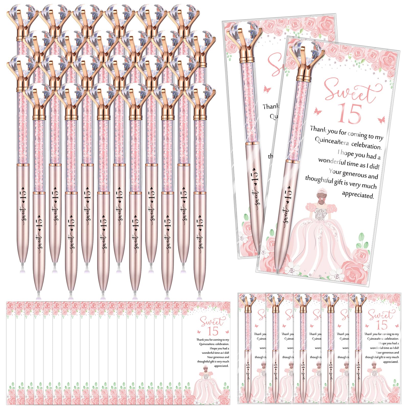Photo 1 of Sayglossy 50 Sets Quinceanera Party Favors Sweet 15th Thank You Gifts Big Crystal Diamond Pens with Thank You Cards Retractable Ballpoint Bling Pens 15 Birthday Mis Quince Gifts for Guests (Rose Gold)