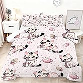 VTKON Pink Cat Comforter Set Twin Size for Girls, Soft Cartoon Cat Bedding Set for All Season Use, Cat Quilt for Room Decor of Pink Girls Bedding Set with 1 Comforter 1 Pillowcase