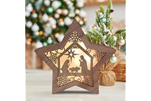 WVIOUOPU Christmas Nativity Scene Sets Decor - 3D Wooden Rustic Nativity Scene Star Shaped with LED Light for Shelves Tables Fireplace Mantel Indoor Outdoor Window Craftwork Xmas Holiday Display Ornament