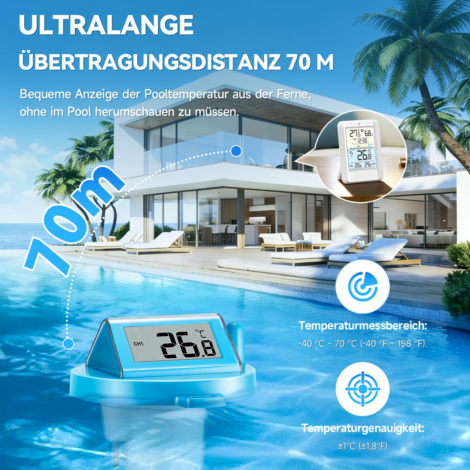 Warmfay Poolthermometer Funk Digital, Solar & Akku Betrieb, IP68 Wasserdicht Funkthermometer Schwimmend mit Empfänger bis 70 m Reichweite, Funk Pool Thermometer für Schwimmbad, Badewanne, Teich Spa 4