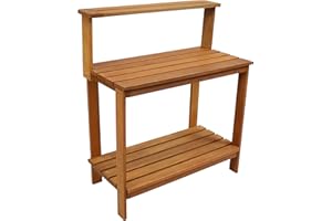 Sunnydaze 42-Inch Meranti Wood Outdoor Potting Bench with Storage Shelf - Teak Oil Finish