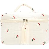 PAZIMIIK Quilted Makeup Bag Large Travel Zipper Soft Cosmetic Case for Women Girls Make Up,Cherry Beige