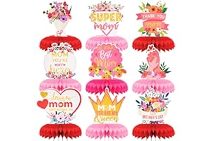AVIKOSI 9 Pieces Mother's Day Honeycomb Decorations, Floral and Heart Designs Table Centerpieces, Super Mom and Queen Themed 3D Table Toppers, Colorful Best Mom Appreciation Signs for Home Party Decor