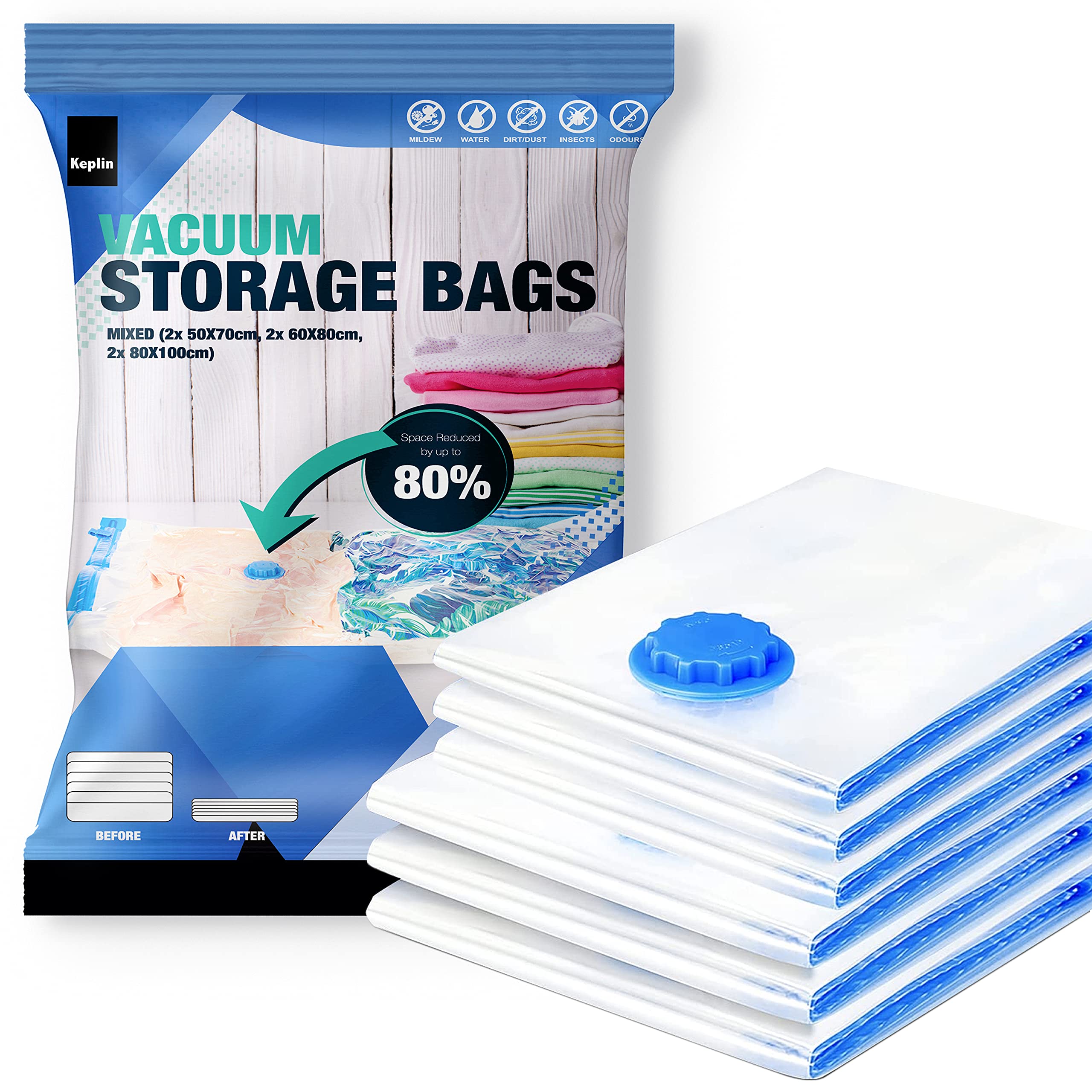 KEPLIN Vacuum Storage Bags | Maximise Space and Store Clothes, Bedding, Towels, Duvet & Pillow | Space Saver Air Suction Bag with Secure Double Zip + Valve | 6 Pack Multipack