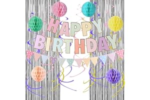 PICOWAY Birthday Decorations for women | Happy Birthday Decorations for Girls |pastel Birthday Party Decorations- include Macaron Happy Birthday Banner, Honeycomb Balls, Swirls, Triangle flag , Foil Curtain(multicolour5)