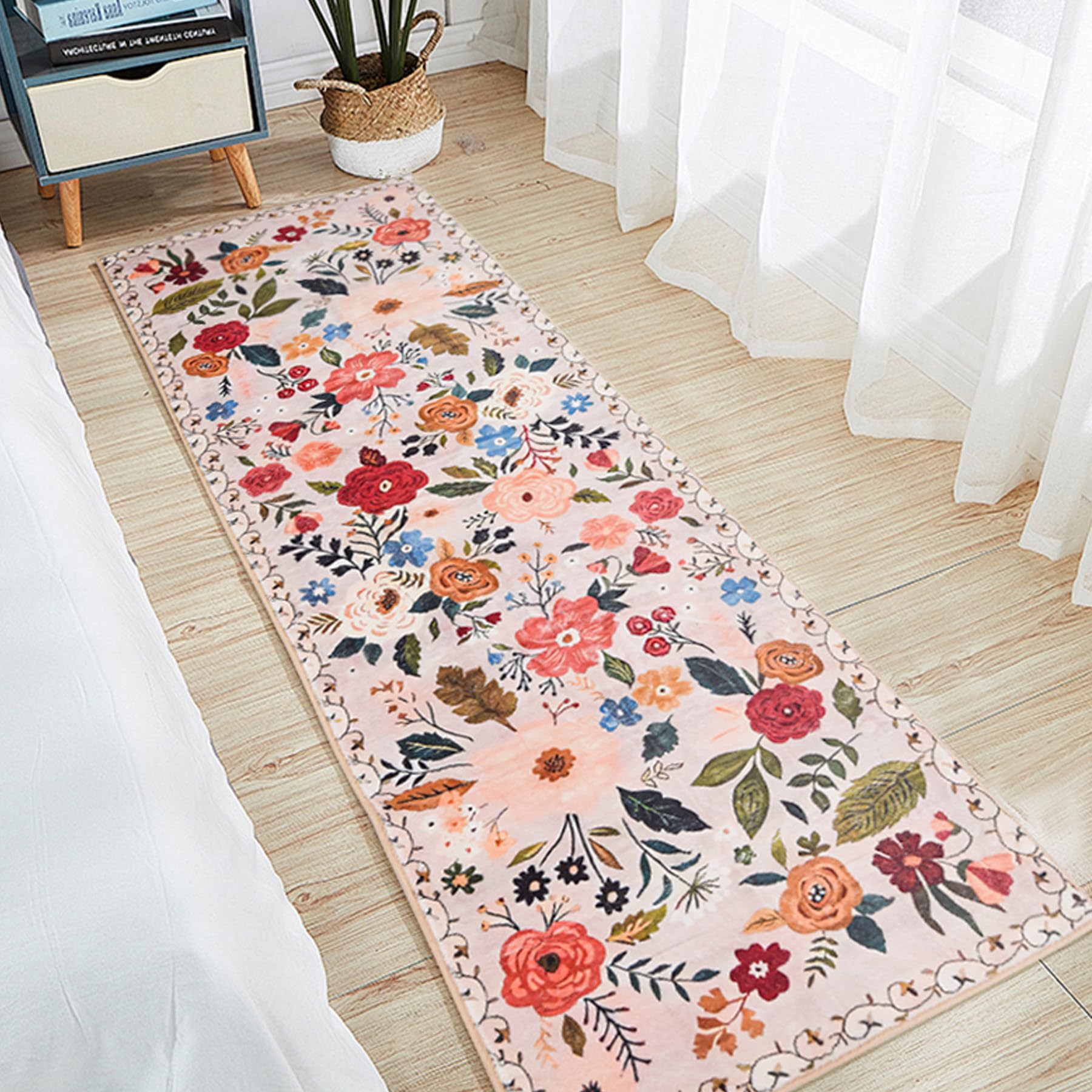 D-buy 2×6 Ft Door Mat Indoor Entrance Rug Machine Washable Boho Floral, Foldable Area Rug Non-Slip Low Pile Flower Rugs for Entryway, Kitchen, Front Door Indoor Entrance, Entry, Kids Bedroom Beige
