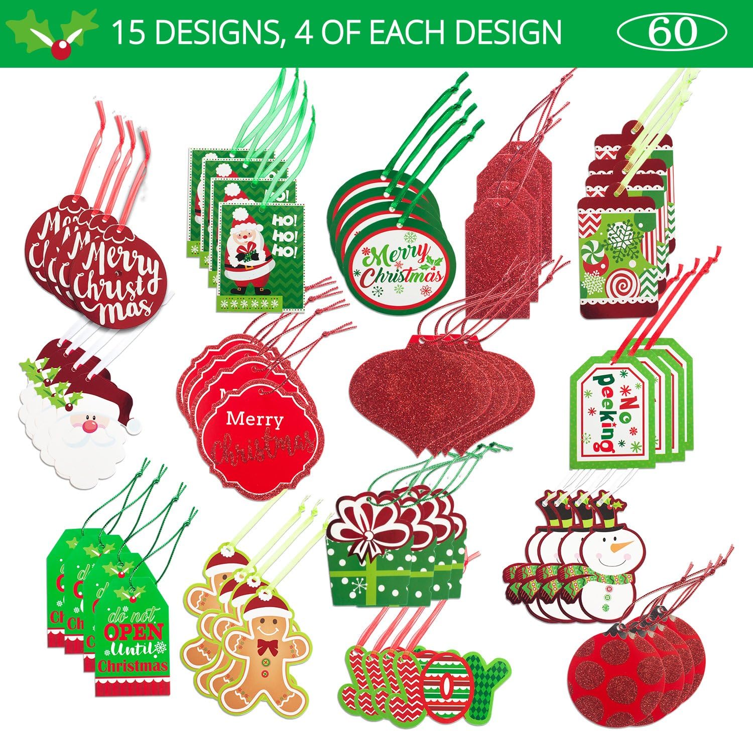 Christmas Gift Tags 60 Count with Untied String (15 Assorted Glitter, Foil, Printed Designs for DIY Xmas Present Wrap and Label Package Name Card): Garden & Outdoor