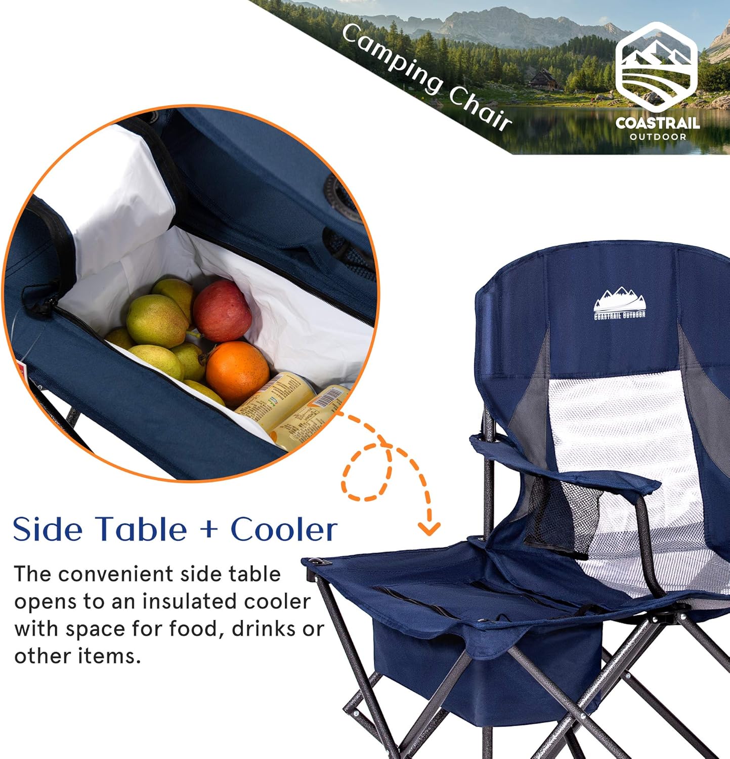 Coastrail Outdoor Folding Camping Chairs with Cooler Table Side Bag, Heavy Duty Steel 300 LBS Capacity for Adults Portable Compact Camp Chair with Cup Holder & Storage, Navy, Navy&Gray, Large : Sports & Outdoors