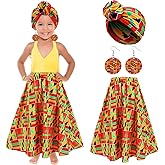Tarpop 3 Pcs Girl African Outfits Dashiki Ankara African Attire Maxi Dashiki Skirt Toddler Kid Boho Head Wrap Dangle Earring