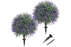 JASMPIG Artificial Lavender Topiary Ball Tree 25" with Ground Spike, Set of 2 Artificial Boxwood Bushes for Faux Shrubs, Fake Evergreen Faux Plant for Indoor Outdoor Porch Garden -UV Resistant–Fade-Proof