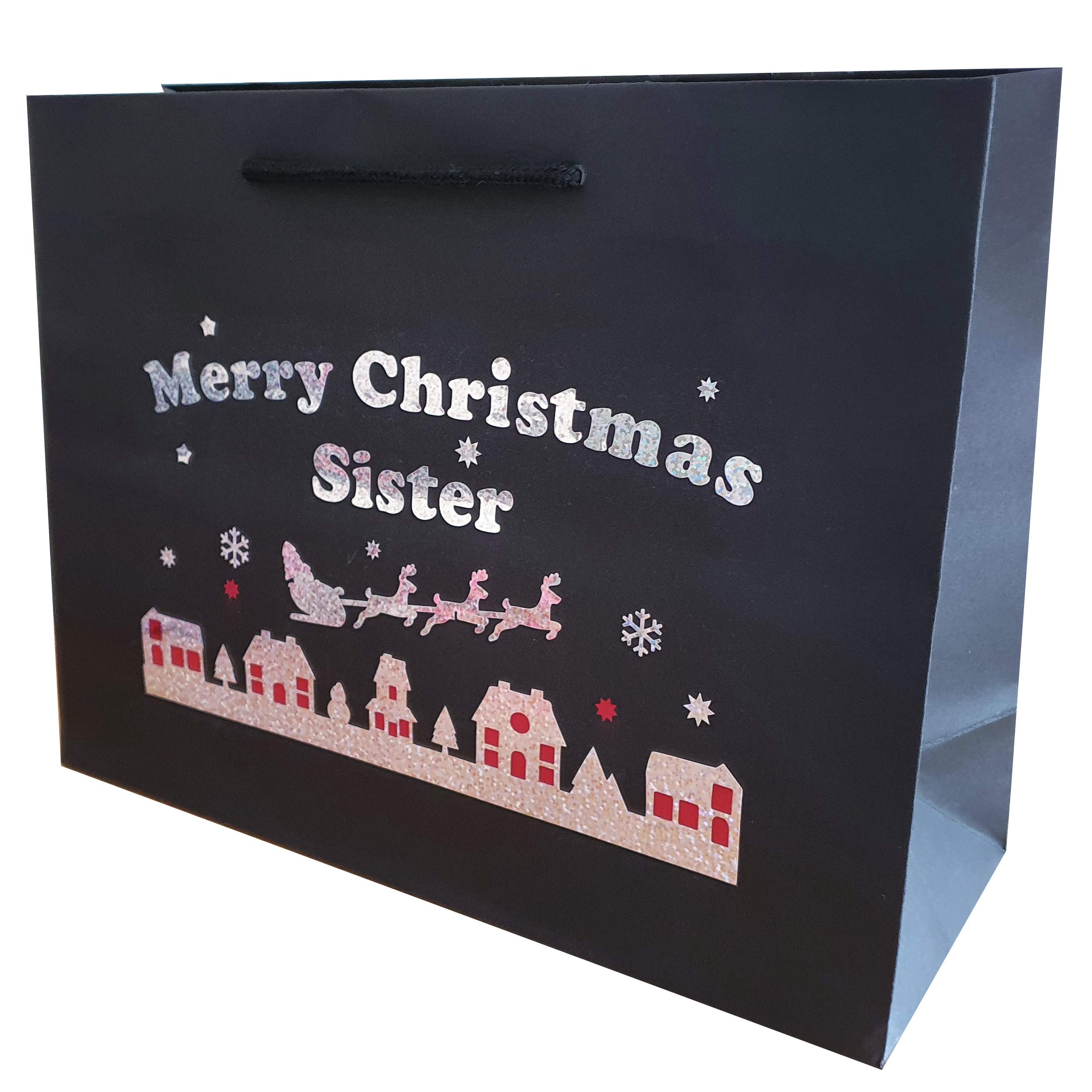 Large Sister Christmas Holographic Gift Bags Wrap with Santa and Sleigh