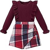 Yagudu Girls Clothes Ruffled Long Sleeve Top and Plaid Skort 2PCS Set Fall Winter Girls Outfits Size 5-14
