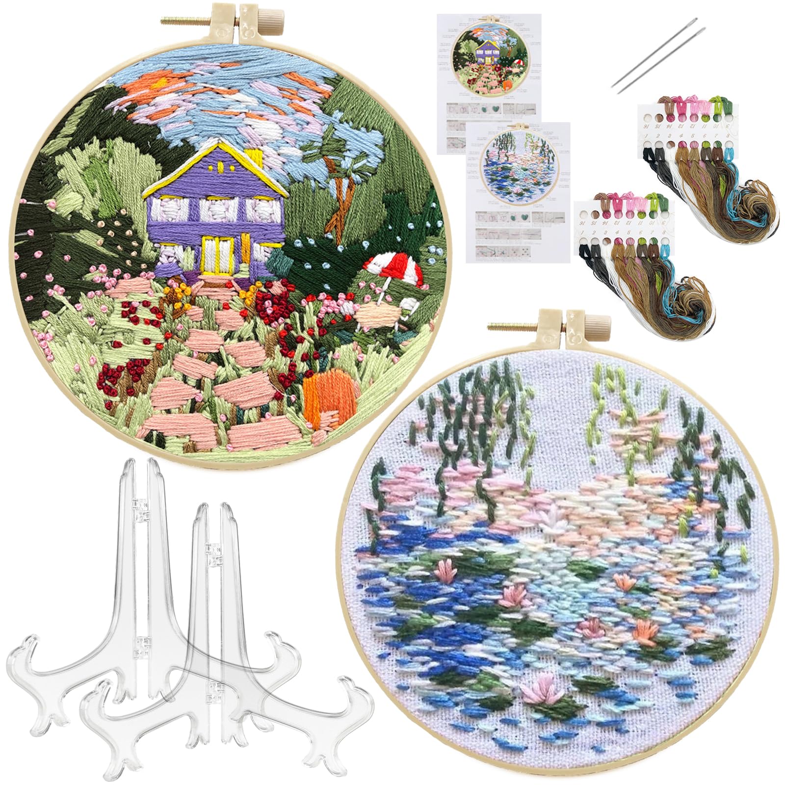 TYXHXTF 2 Sets Embroidery Kit, Embroidery Starter Kits, Embroidery Kit for Beginners, Including Patterned Embroidery Cloth, Embroidery Thread, Needle and Hoop Tools and Instructions