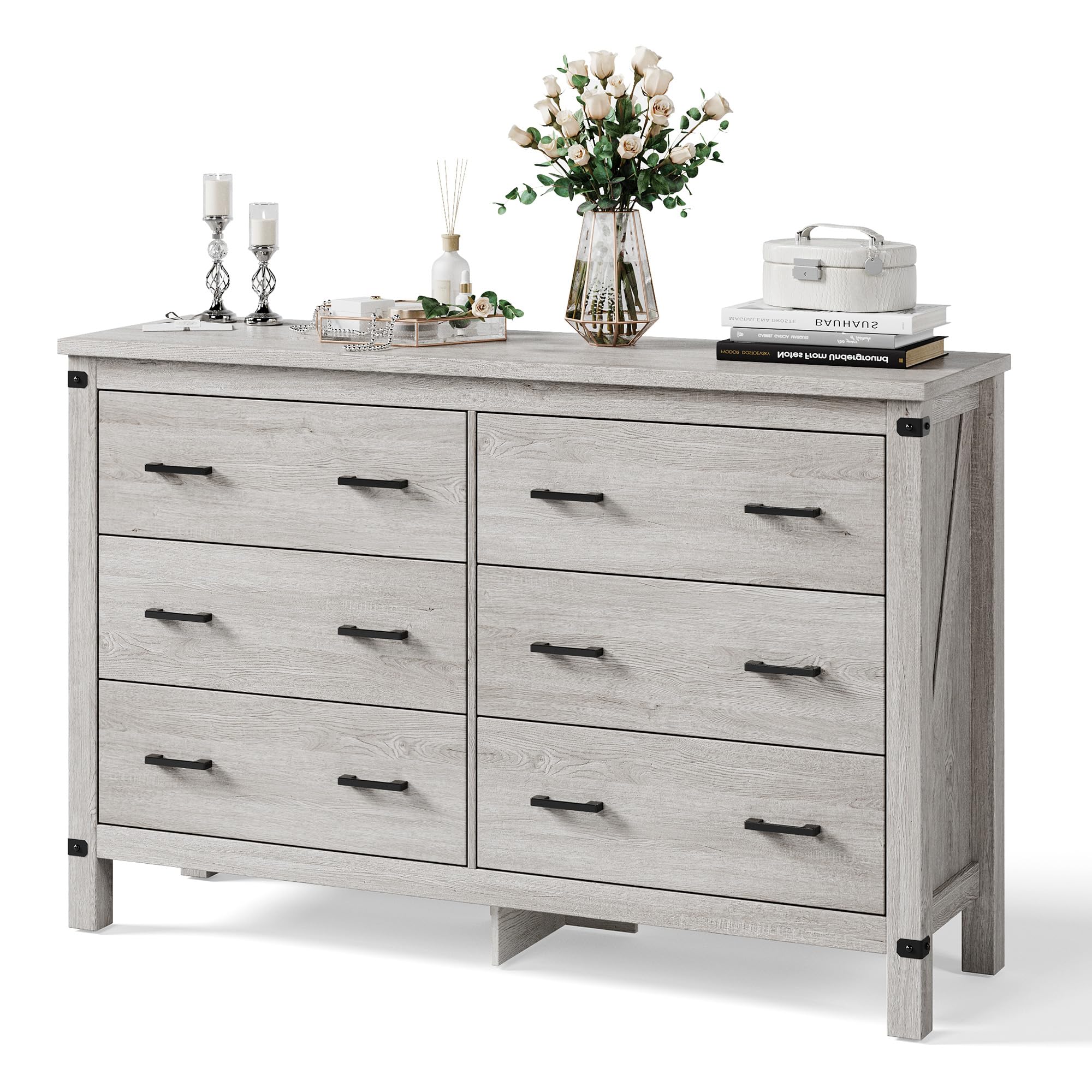 Photo 1 of ***MISSING HARDWARE**LINSY HOME Farmhouse 6 Drawer Double Dresser for Bedroom, 53” Wide Rustic Wood Chest with Deep Drawers, Modern Dressers with Storage and Metal Handles for Closet, Living Room, Hallway, Wash Grey