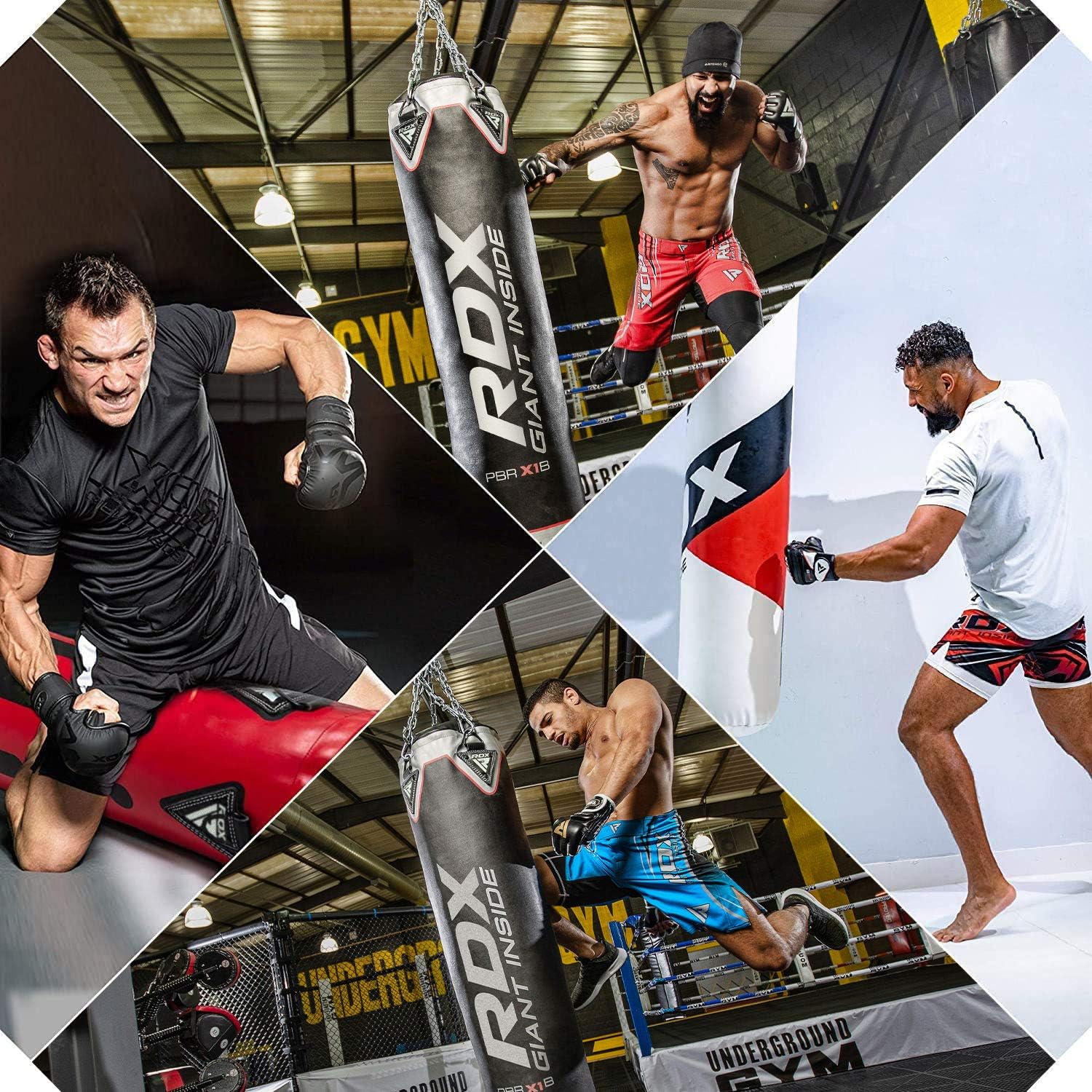 RDX Punching Bag UNFILLED Set Muay Thai Training Gloves with Punch Mitts Hanging Chain Ceiling Hook, Ideal for MMA, Kick Boxing, Martial Arts, 4PC Available in 4FT 5FT : Sports & Outdoors