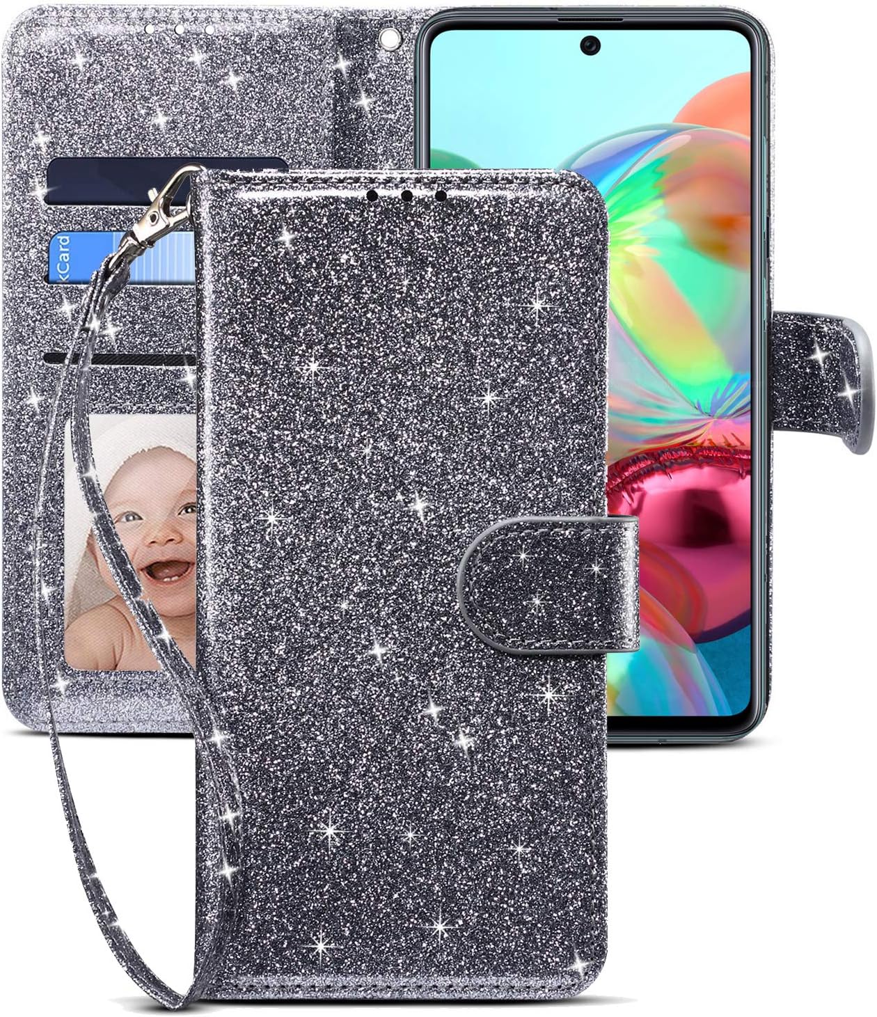 CHICASE Case for Galaxy A71,Samsung A71 Case,Folding Flip Glitter Bling Cute Leather Wallet Shockproof Protective Case with Kickstand Card Slots Wrist Strap Magnetic for Samsung Galaxy A71 (Gray)