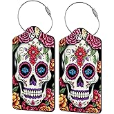 Skull Flower Diamond Art Luggage Tags for Suitcases,2 Pack Luggage Tag, Leather Stainless Steel Loop Label Tag for Women Girl Travel Bag Suitcase