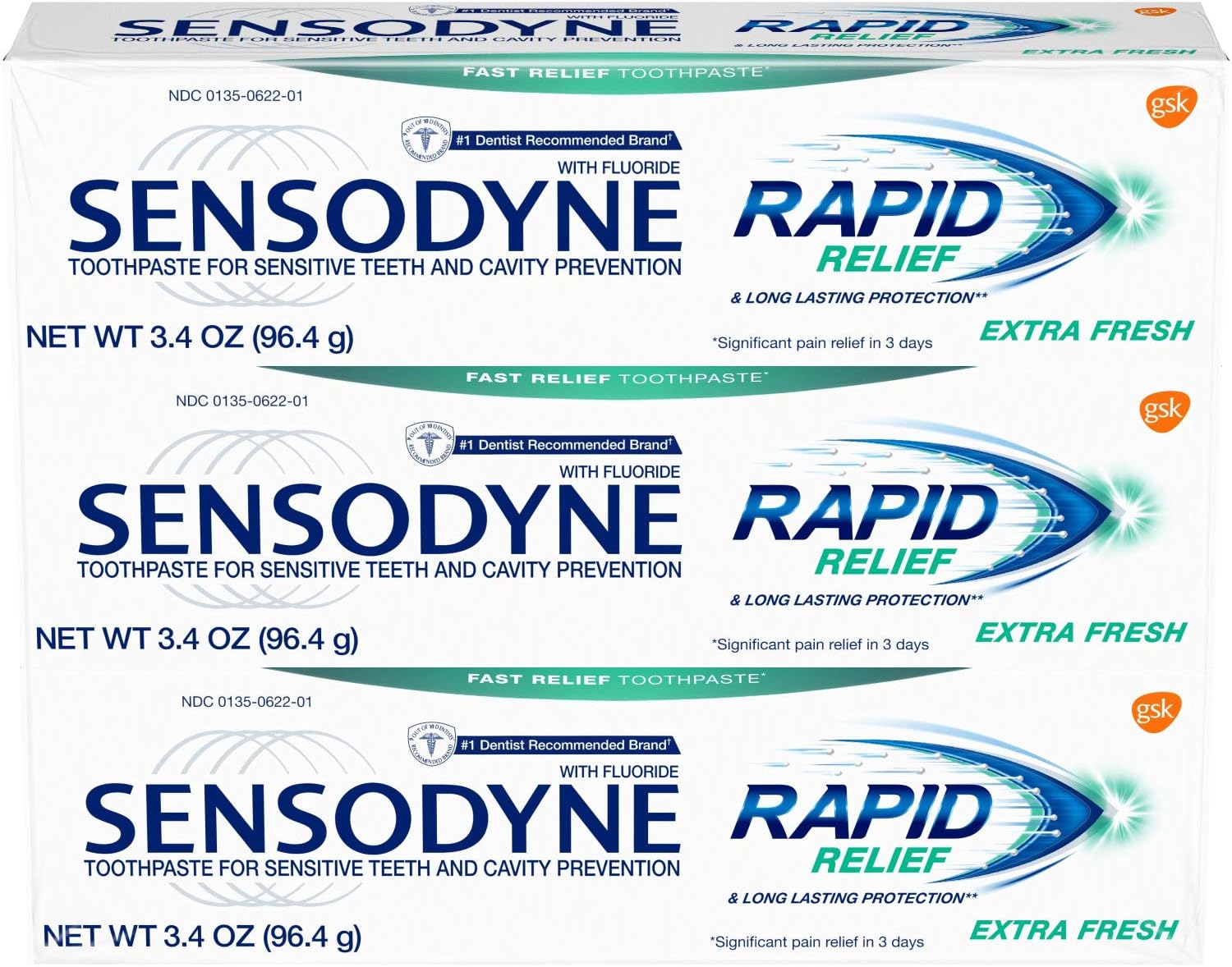 Sensodyne Rapid Relief Sensitive Fluoride Toothpaste, Extra Fresh - 3.4 Ounces -Pack of 3 tubes : Beauty