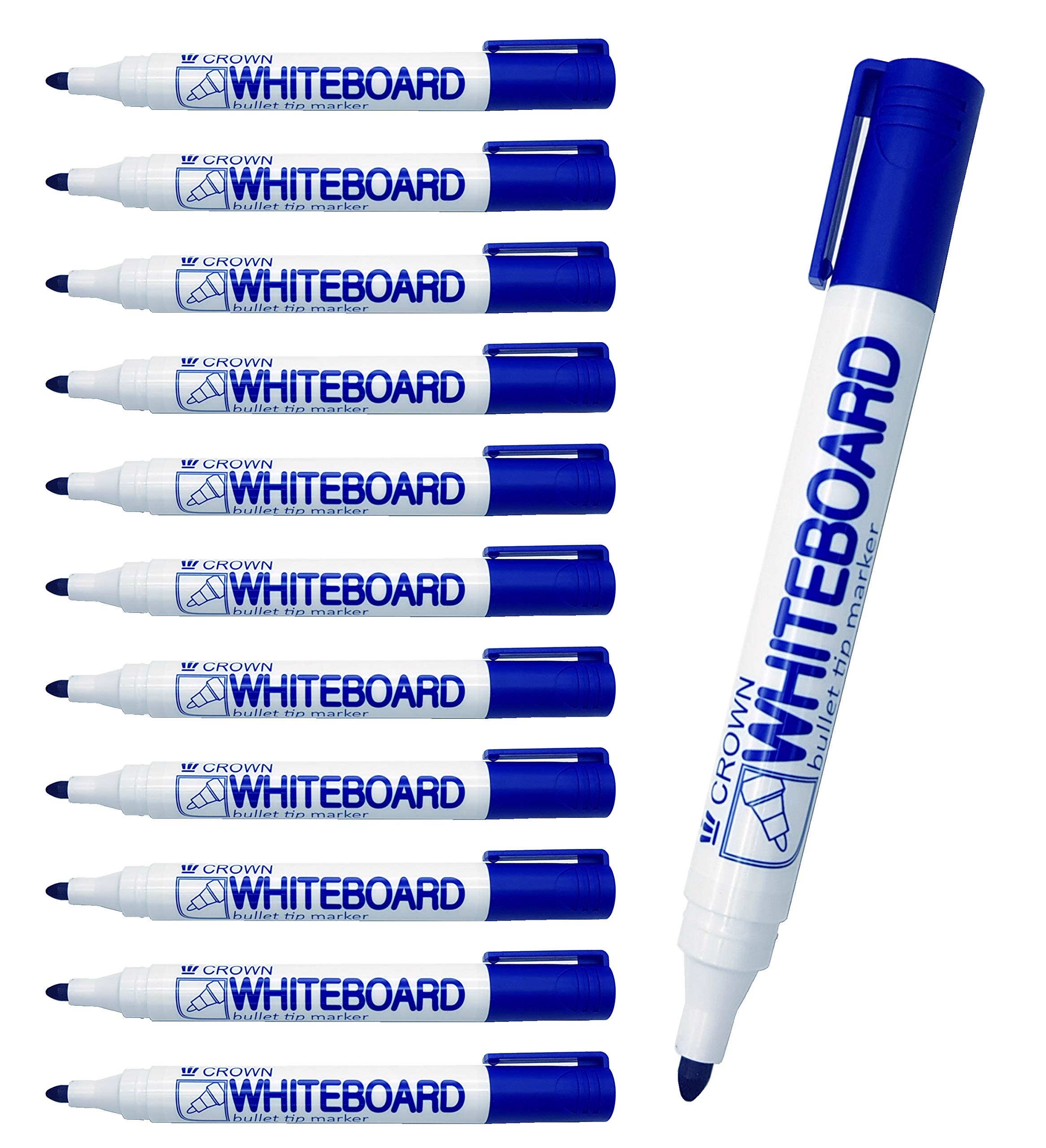CROWN Drywipe Markers Bullet Tip Markers - Pack Of 12 - Dry Erase Ink - Blue - 2mm Line