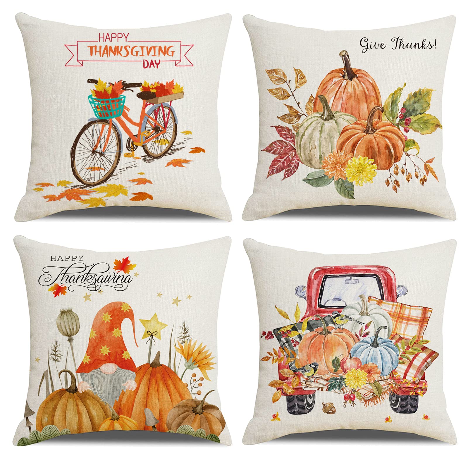 OCEUMACO Linen Cushion Covers 45 x 45 cm for Sofa Garden Set of 4 Decorative Autumn Pumpkin Throw Pillow Cases 18x18 Outdoor Fall Thanksgiving Gnome Maple Leaf Pillowcases Cushions Cover - Orange