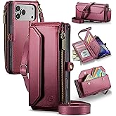 Strapurs Wallet Case Compatible with iPhone 17 Pro 6.3" RFID Blocking 9-Card Holder Soft PU Leather Magnetic Snap Shoulder Strap Zipper Pocket Phone Case Fit for iPhone 17 Pro for Women - WineRed