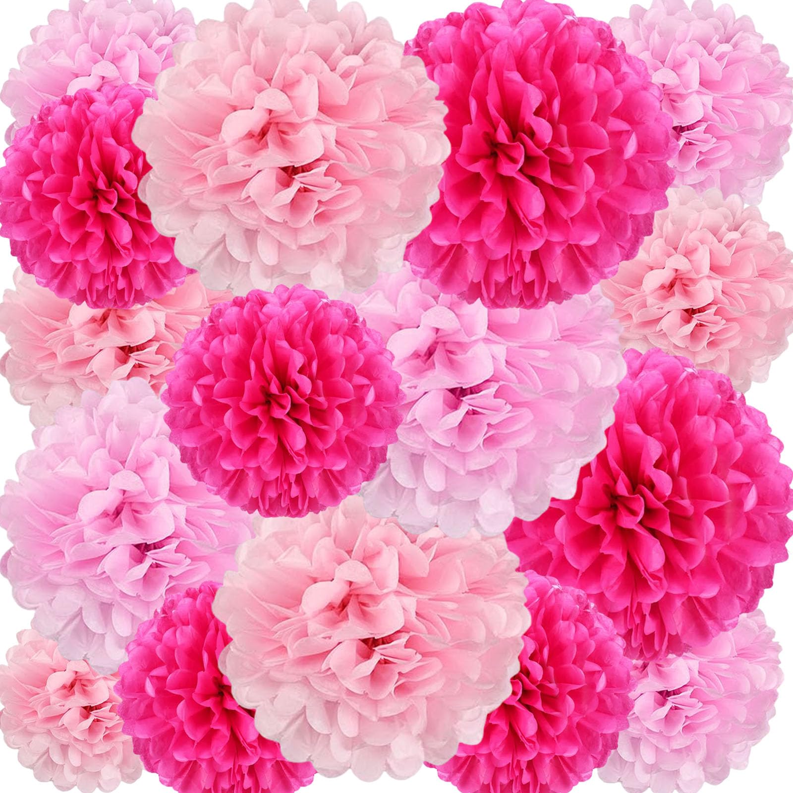 View 1 of 18 PCS Tissue Paper Pom Poms, Tissue Pom Poms Flowers, Sizes of 6", 10", 12", 14" Hanging Paper Flower Ball for Wedding, Birthday, Gender Reveal, Baby Shower Valentine's Day Party Decor (Pink Set)