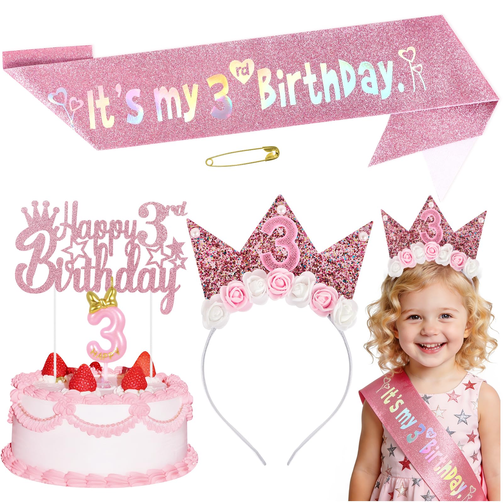 Birthday Party Decorations Set for Girls, Pink Birthday Headband Set with Glitter Sash, Cake Topper and Candle, Flower Crown for Princess Party Decorations Happy Birthdays Accessory (3RD)