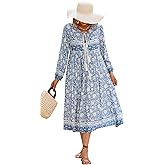 R.Vivimos Women's Long Sleeve Floral Print Retro V Neck Tassel Bohemian Midi Dresses