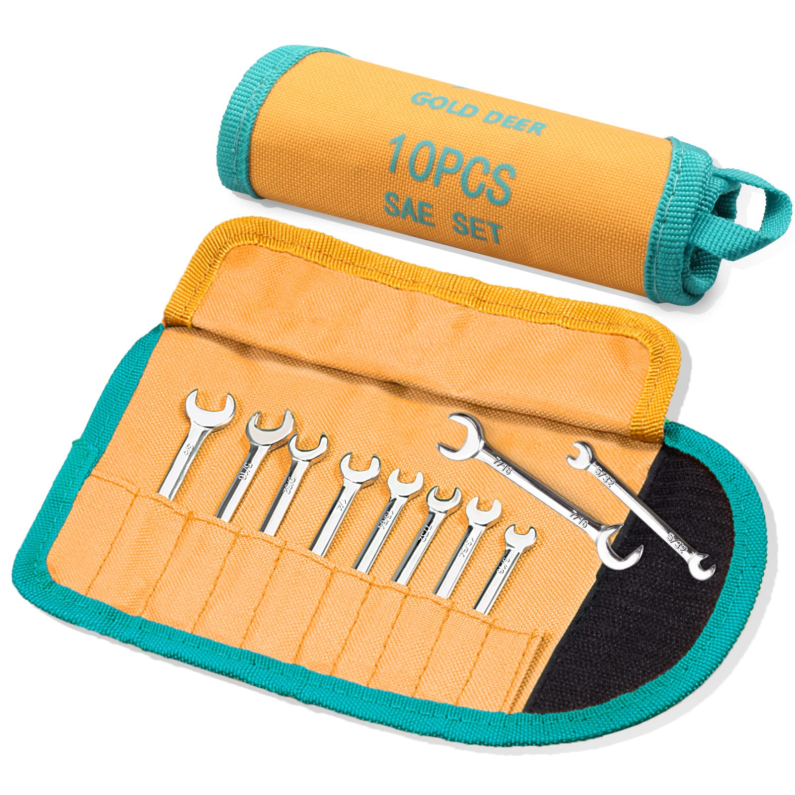 GOLD DEER 10 pieces mini double open-end spanner set, standard SAE 5/32 - 7/16 inch, extra narrow open-end spanner set with storage bag