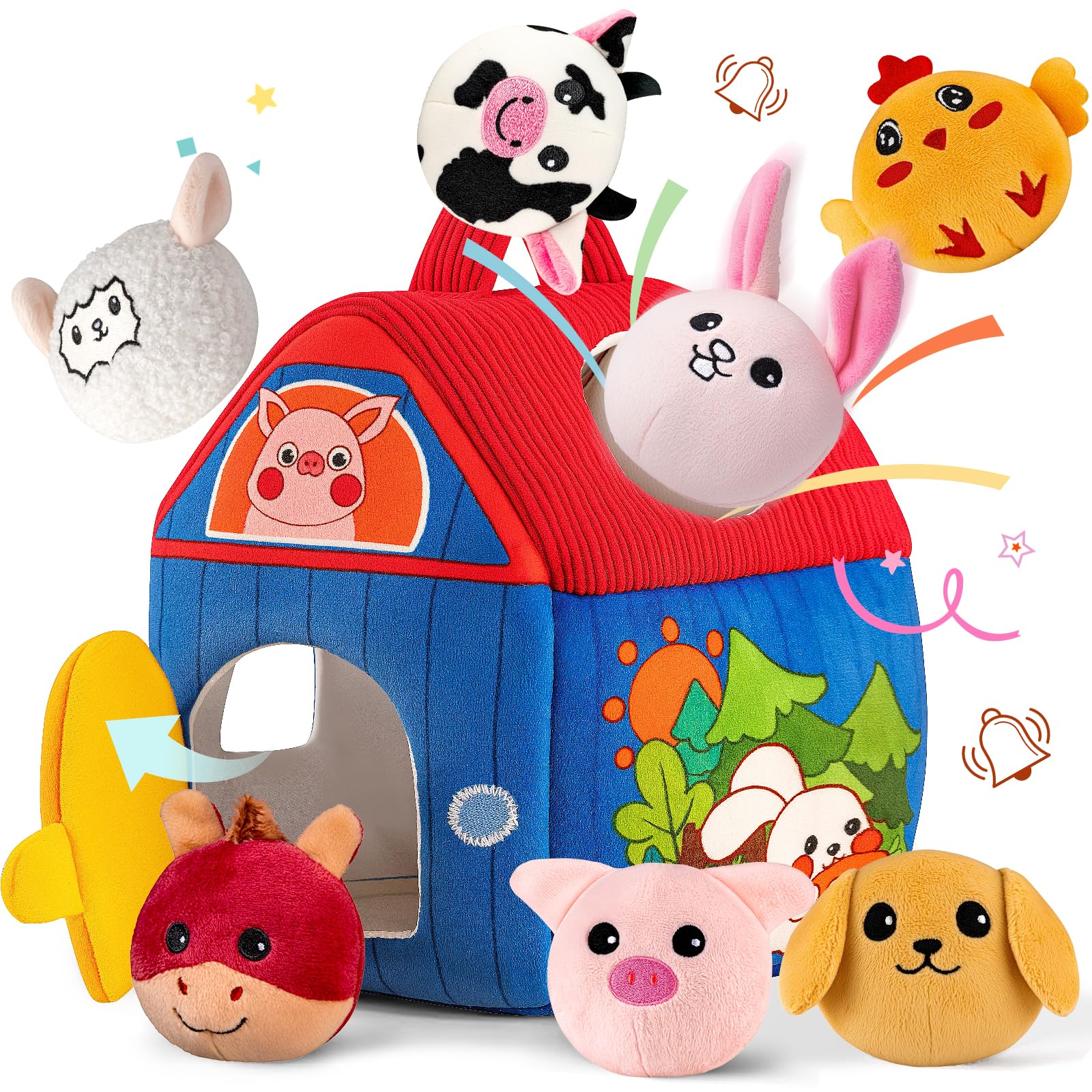 SAIMAND Baby Toys 6-12 Months, Barn with Stuffed Farm Animals, Montessori Toy for Babies, Sensory Toys for Toddlers 1-3, Portable Baby Farmhouse Toy, Birthday Gift for Infants & Toddlers