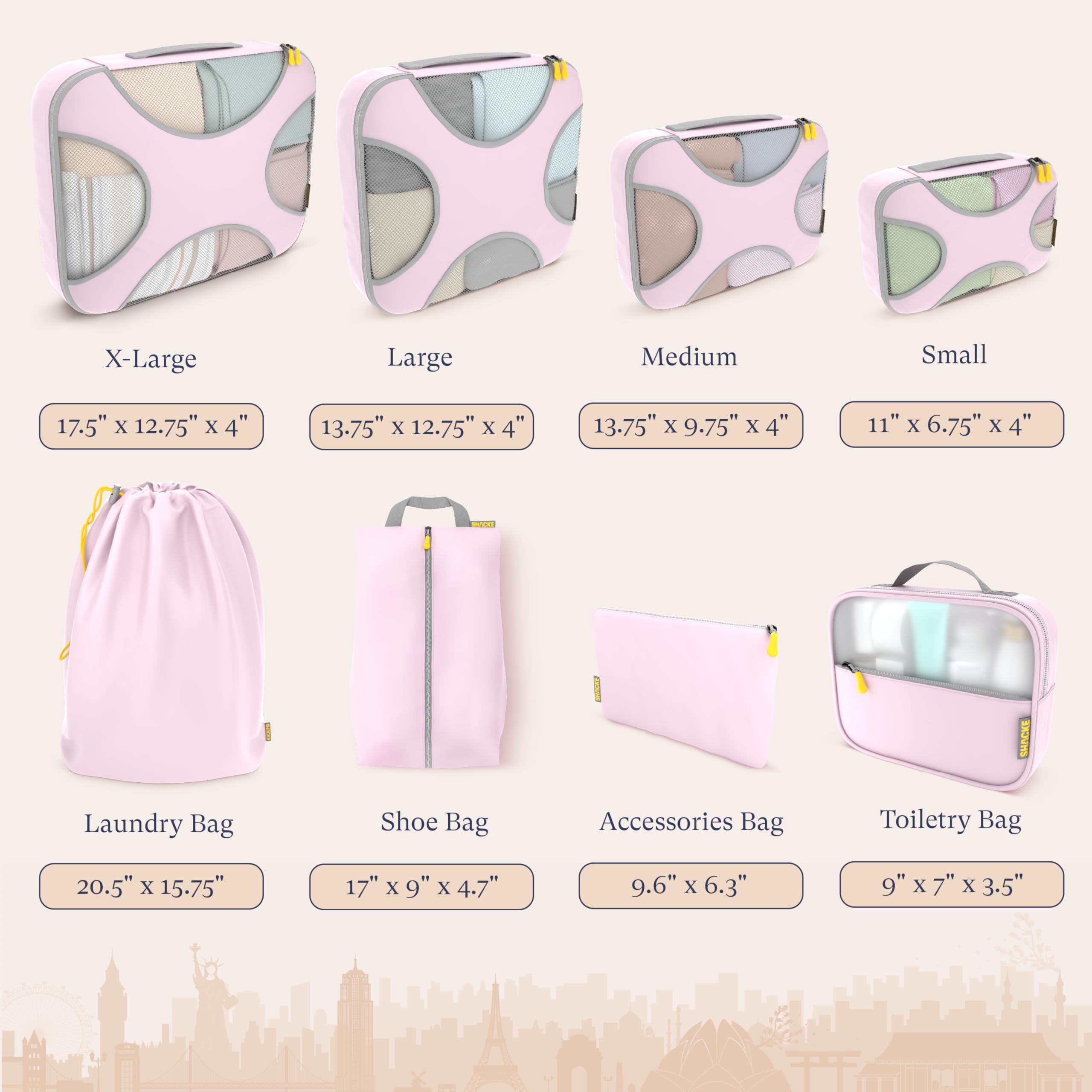 Shacke Shacke Premium 8 Packing Cubes Set - Lightweight Mesh Travel Luggage Organizers with Laundry Bag, 8-Piece Suitcase Storage System (Petal Pink)