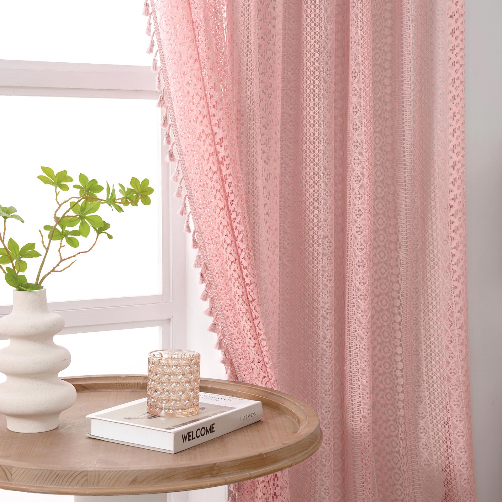 WAZZIO Blush Pink Curtains 2 Panels 84 Inches Long Cotton Crochet Lace Sheer Curtain Cute Soft Baby Pink Curtains for Girls Room Nursery Living Room,Rod Pocket Tassel Semi Sheer Drapes,Dusty Grey Pink Image