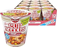 Nissin Cup Noodles Soup, Beef Flavor, Microwaveable Paper Cups, Instant Ramen, 2.25 Ounce (Pack of 12)