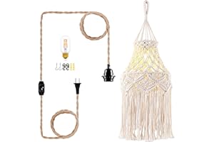 QIYIZM Boho Plug in Pendant Light Macrame Hanging Lamp Shade Hanging Lights with Plug in Hemp Rope Cord and Dimmable Switch,Plug in Chandelier Light for Bohemian Decor Bedroom Living Room indoor,1Pack