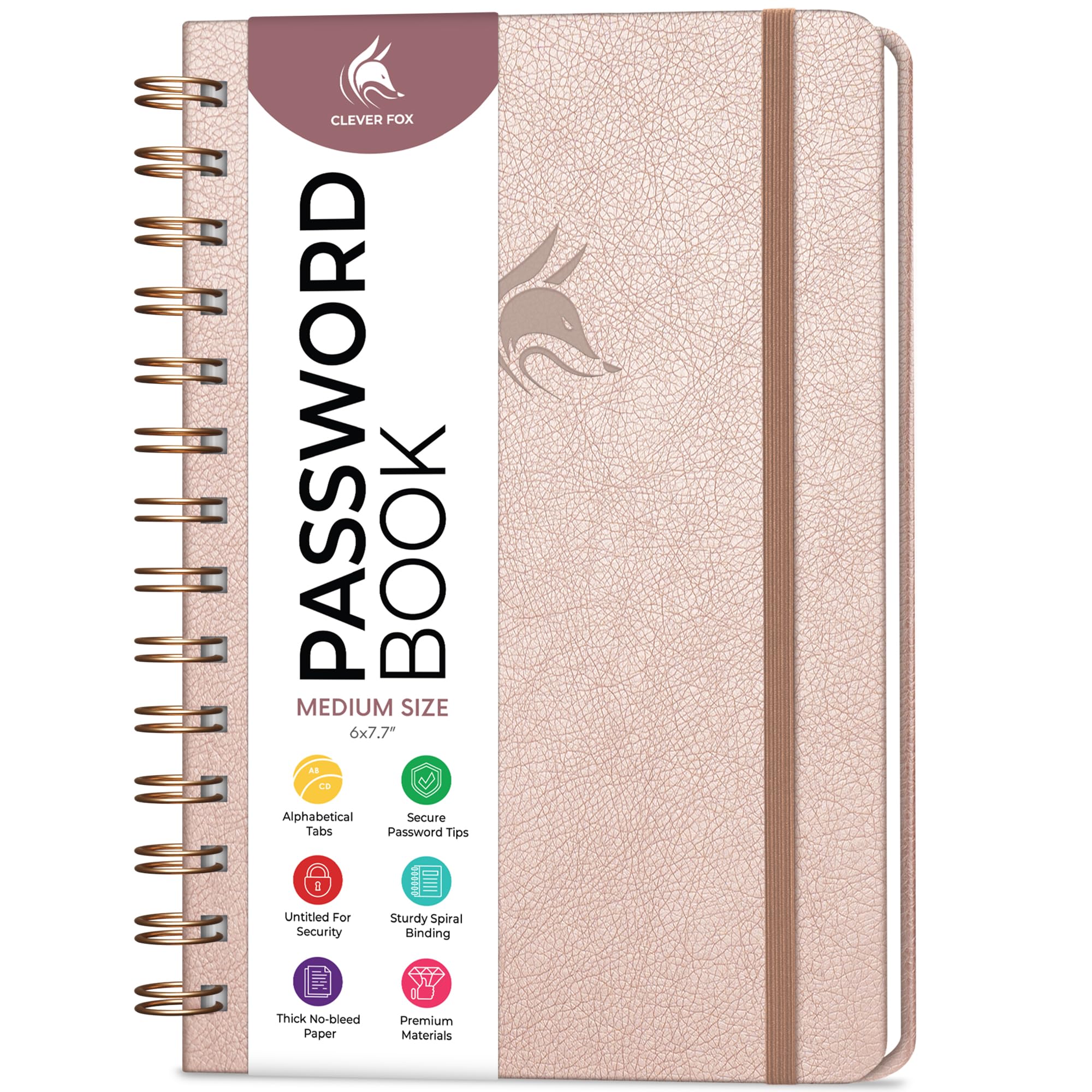 Clever Fox Password Book Spiral – Internet Address Log Book with Alphabetical Tabs, Password Keeper & Organizer - Medium 15.5x19.6cm (Rose Gold) — image 1