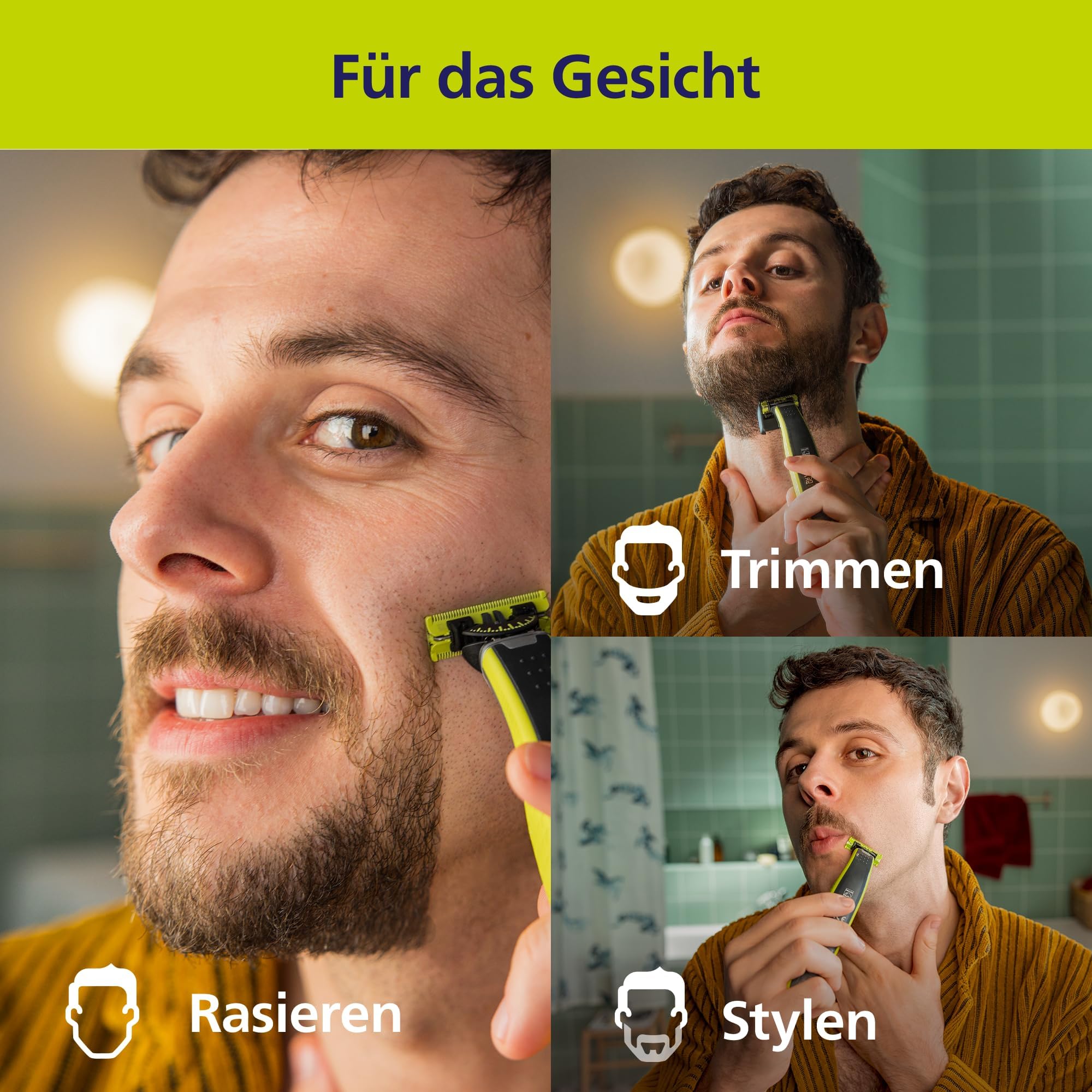 PHILIPS OneBlade 360 Face - elektrischer Rasierer & Trimmer, 2x 360 Klingen, 3x Trimmaufsätze (1/3/5mm), Nass- & Trockenrasur, Akku-USB, fürs Gesicht (QP2724/31) 3