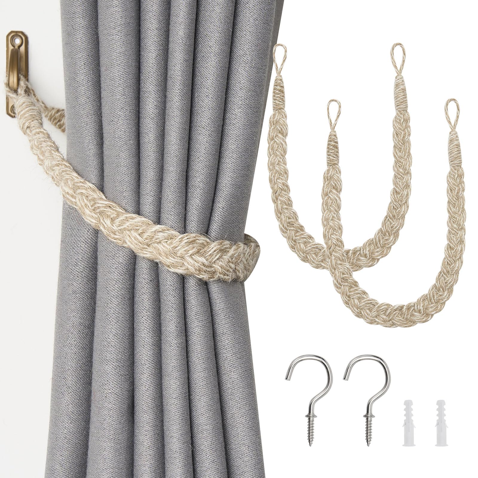 Pretty Jolly 2 Pack Natural Jute Rope Curtain Tiebacks Boho Rustic Style Decorative Drape Tie Backs Elegant Hand-Woven Rope Curtain Holdbacks with Metal Hook for Home & Office Drapery (Jute-Beige)