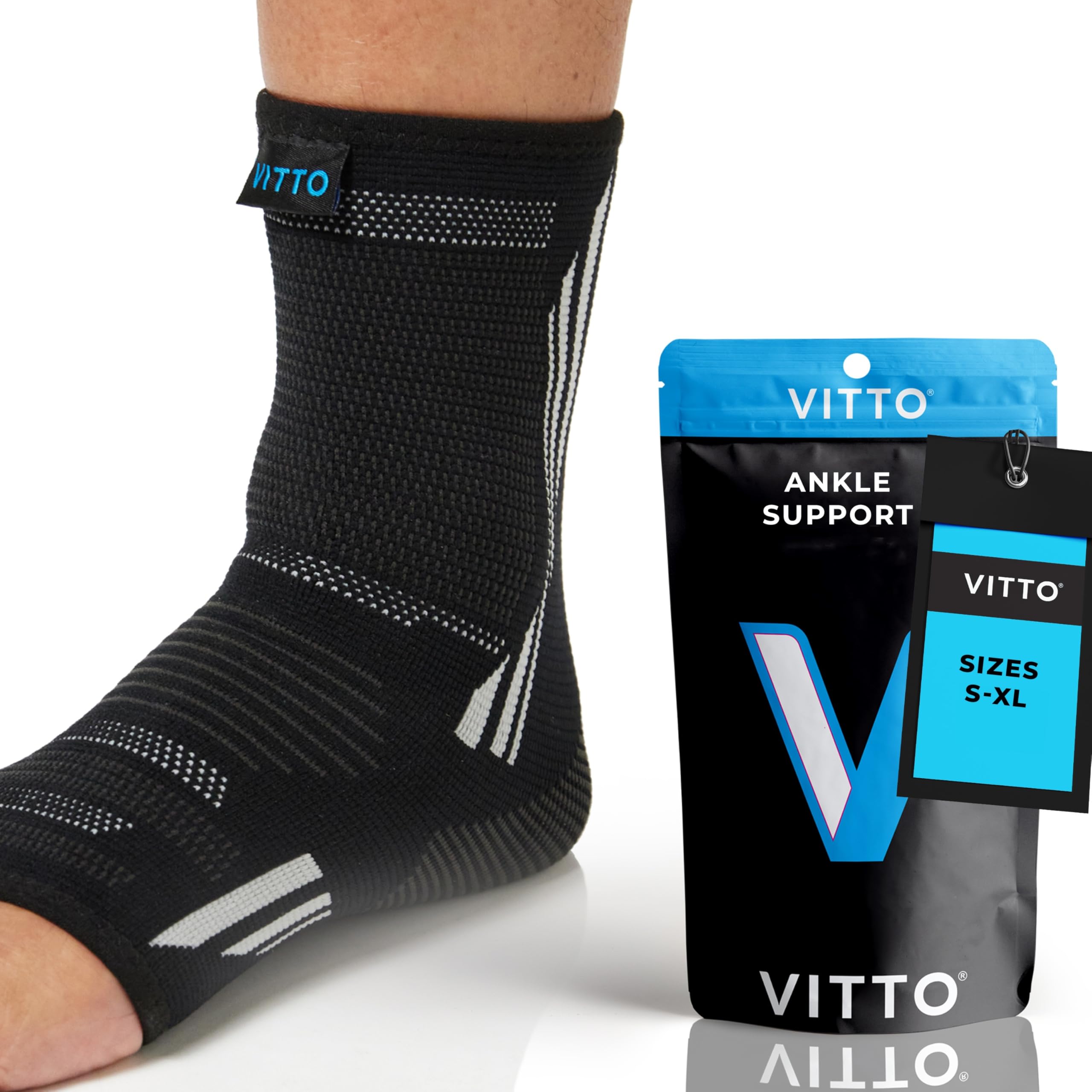 VITTO Ankle Support for Men and Women - Non-Slip Ankle Brace, Compression Sleeve for Plantar Fasciitis and Ligament Damage, Black, S