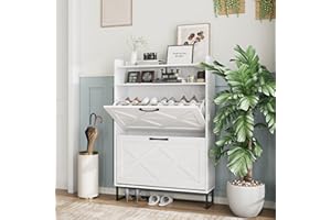 Maupvit Shoe Cabinet with 2 Flip Drawers, Narrow Shoe Storage Cabinet for Entryway, Freestanding Shoe Cabinet with Metal Legs & Handles for Entryway, Hallway, Organizer (White)