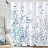 Lifeella Nautical Coastal Turtle Shower Curtain, Coral Starfish Seashell Ocean Themed Bathroom Curtain, Underwater Seahorse Bathroom Decor Blue 72 x 72 inch