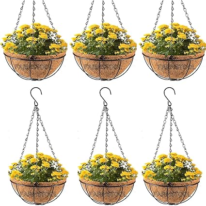 FARMSTOOL  Coir Garden Hanging Flower Basket Pots 12 INCH 6 Pieces Metal Chain Gardening Designer Coir Hanging Flower Plant Container